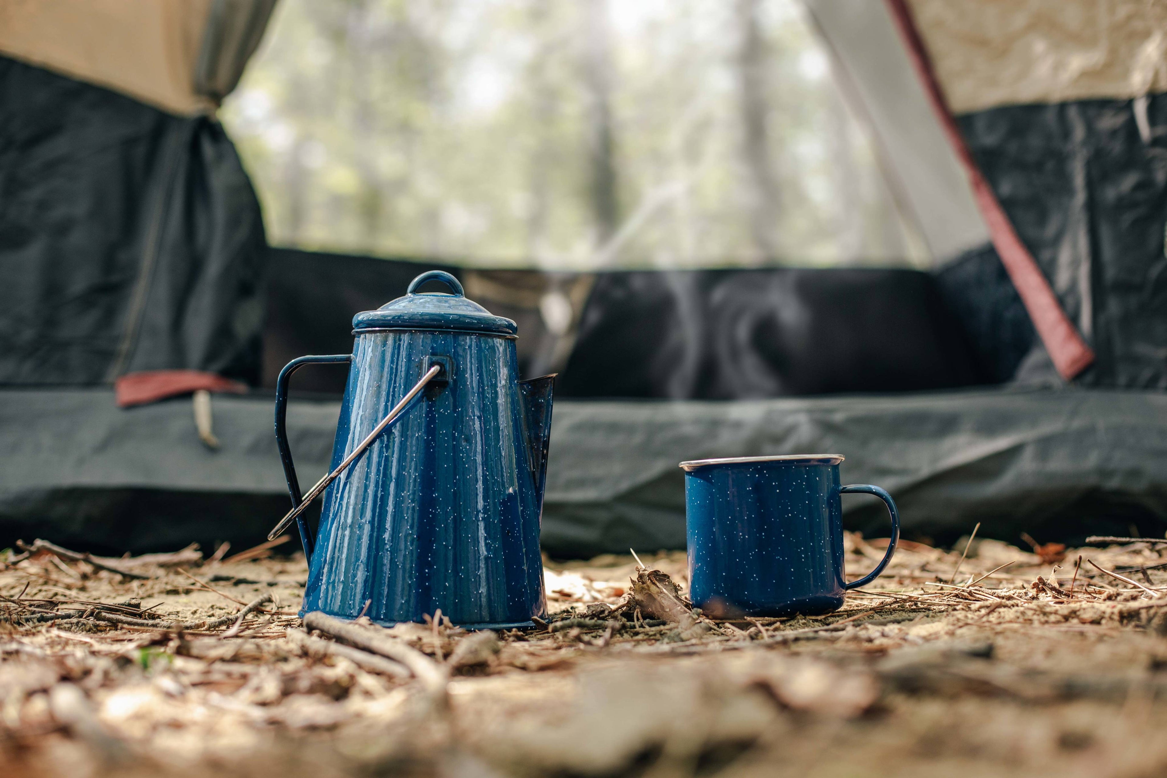 Blue Percolator with Enamel Coffee Cup Steaming